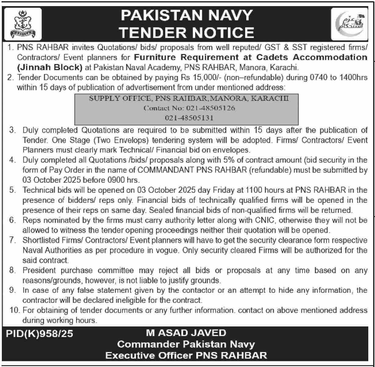 Pakistan Navy Tender Notice